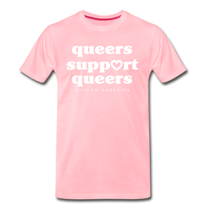 Queers Support Queers Tee | White Print - pink